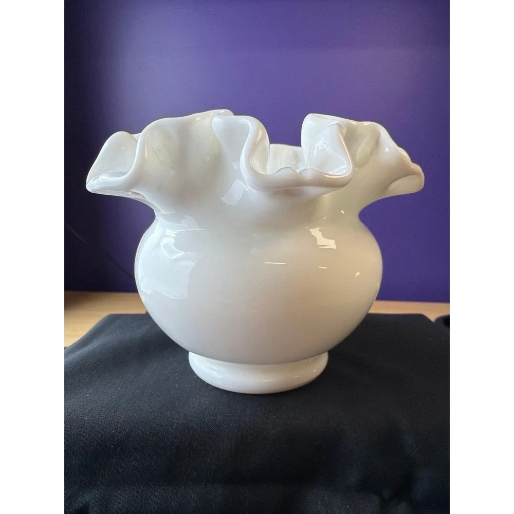 White Milk Glass Ruffled Rose Bowl Vase‎ Fenton Style Cottagecore